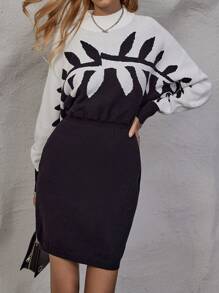 SHEIN Clasi Leaf Pattern Batwing Sleeve Sweater Dress - Multicolor - View 3