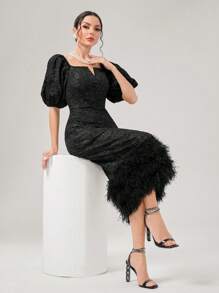 Modelyn Váy dạ hội dài tay bồng viền lông Jacquard - màu đen - Xem 4