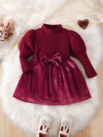 Baby Girl Mock Neck Gigot Sleeve Bow Front Dress