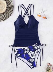 Swim Lushoire Summer Beach Floral Print Drawstring Side Tankini - Navy Blue - View 7