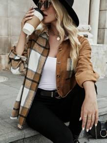 SHEIN LUNE Plaid Panel Drop Shoulder Corduroy Coat - Multicolor - View 6