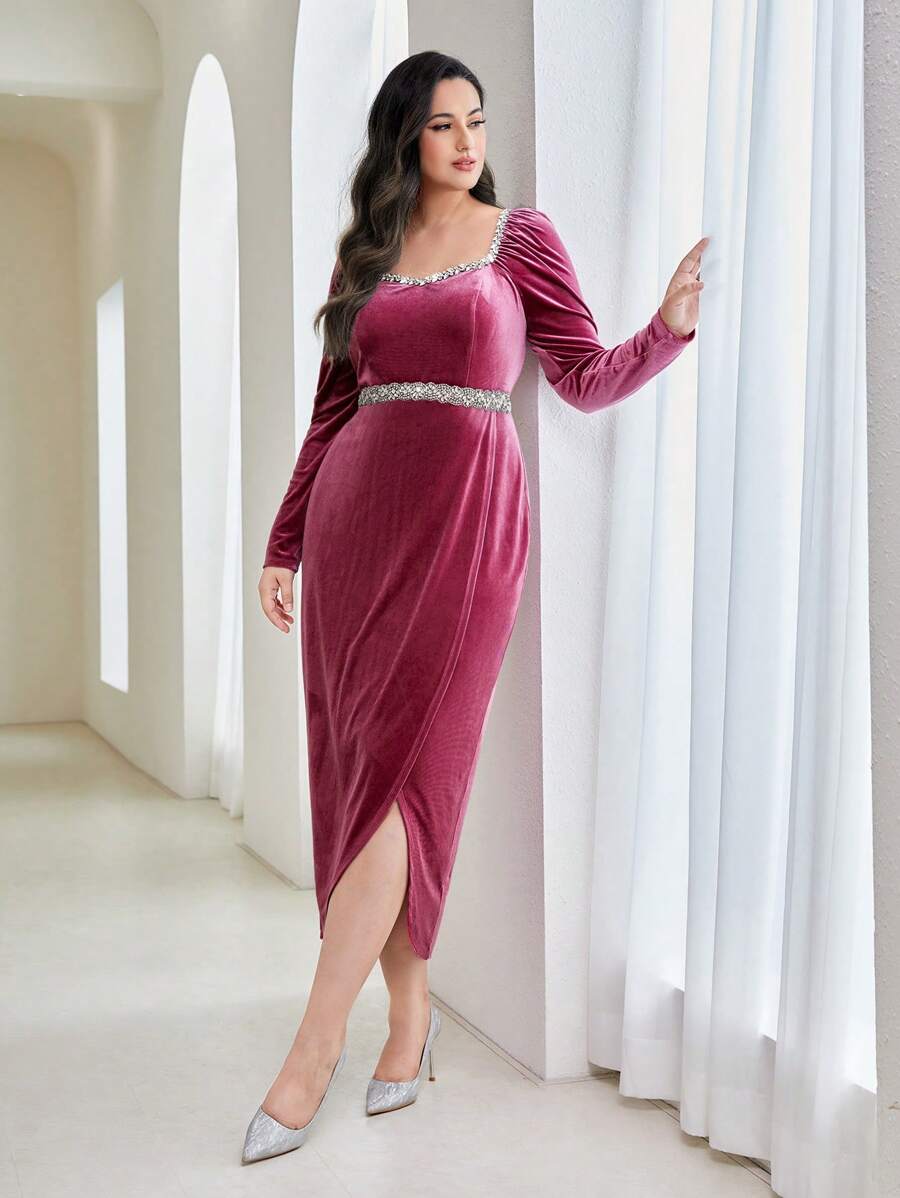 Modelyn Plus Rhinestone Detail Wrap Hem Velvet Dress Without Belt Long Evening Dresses