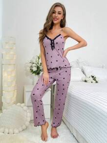 Heart Print Lace Trim PJ Set / Pajama Set