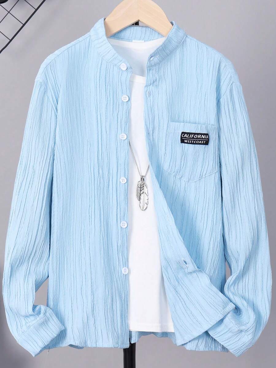 Tween Boys Letter Patched Detail Pocket Front Shirt Without Tee - Baby Blue - View 1