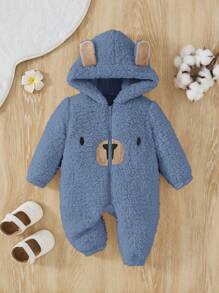 SHEIN 男婴童卡通刺繡3D耳朵設計連帽連體睡衣 - 藍色 - 查看 1