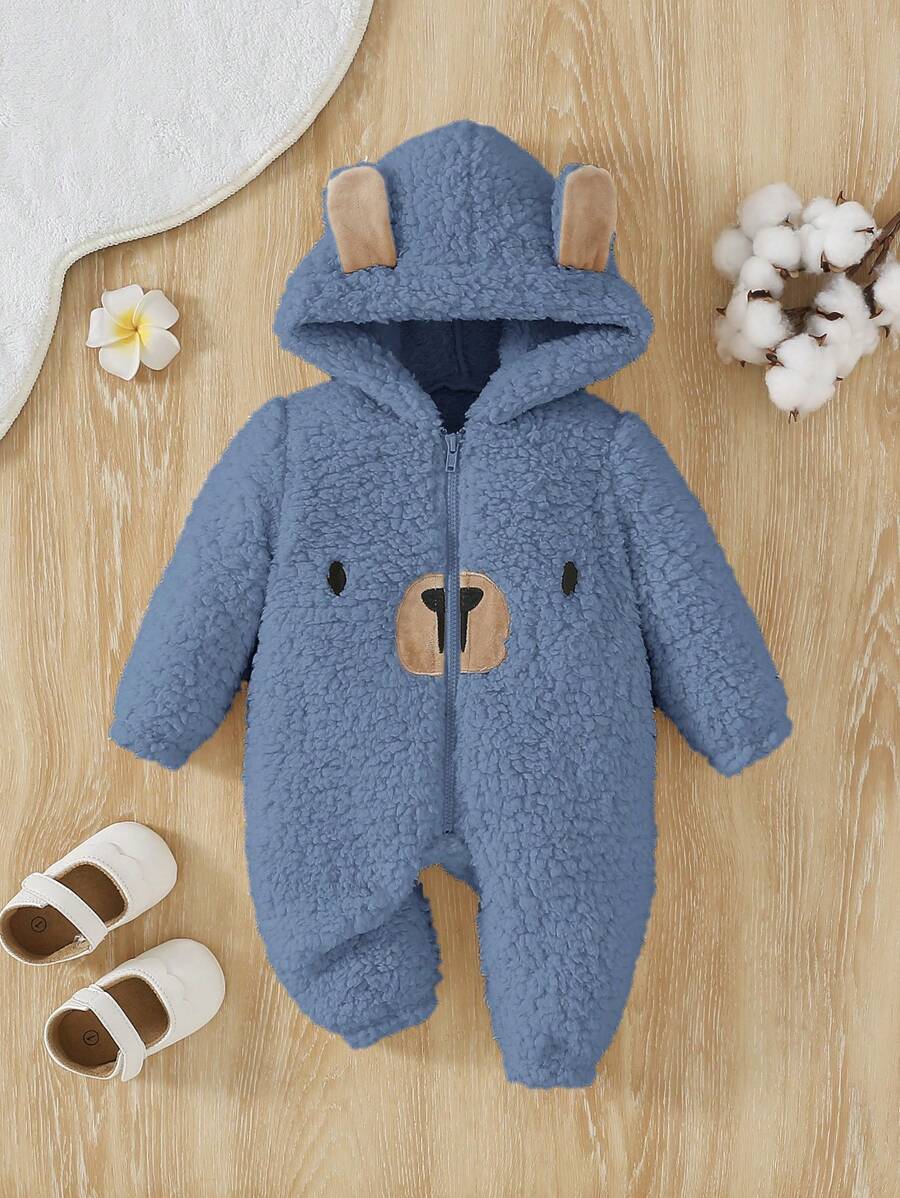 SHEIN 男婴童卡通刺繡3D耳朵設計連帽連體睡衣 - 藍色 - 查看 1