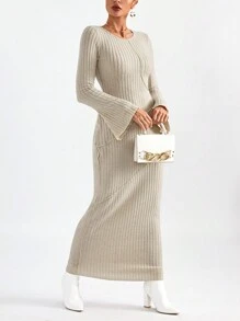 SHEIN Privé Vestido unicolor de manga amplia tejido de canalé - Albaricoque - Ver 6