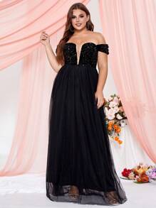 Plus Off Shoulder Mesh Formal Dress - Black - View 6