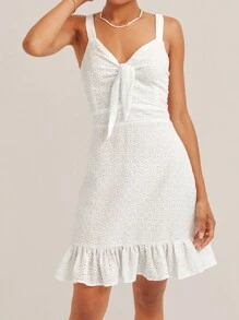 EURMUSE Knot Front Ruffle Hem Schiffy Cami Dress - White - View 1