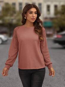 SHEIN LUNE 蕾絲拼接插肩袖T恤 - 粉色 - 查看 5