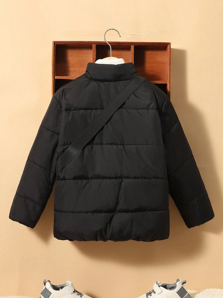 Tween Boy Cartoon Patched Detail Padded Coat & Fluffy Crossbody Bag