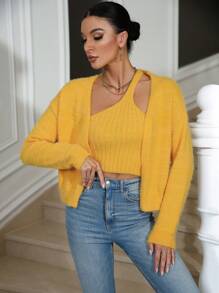 Chiquease منسوج منتفخ كارديجان & مفتوح الكتف الواحد لباس علوي محبوك