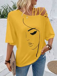 EMERY ROSE Figure Graphic Asymmetrical Neck Tee Graphic Tees Women Tops - Yellow - View 5