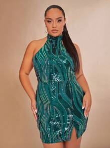 SHEIN BAE Plus Sequin Halter Bodycon Dress - Green - View 1