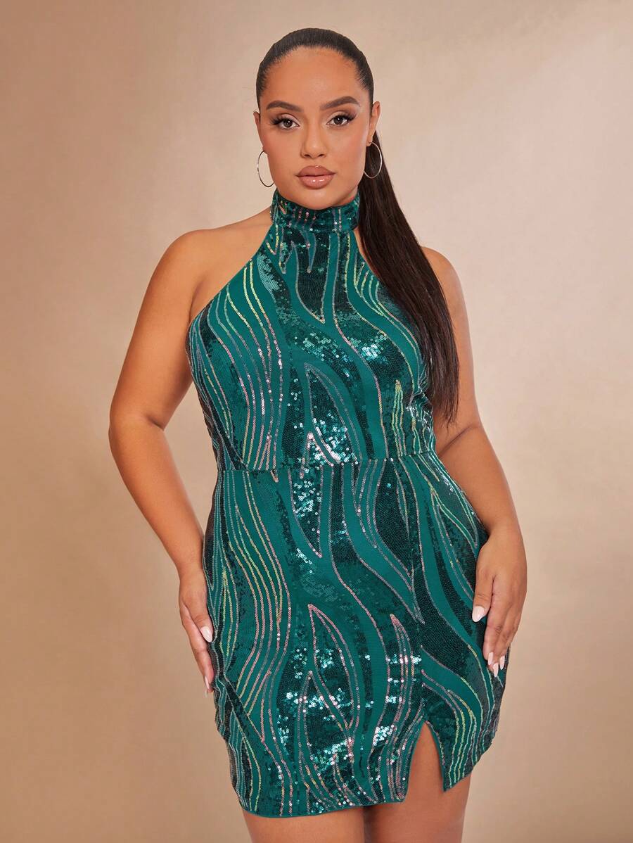 SHEIN BAE Plus Sequin Halter Bodycon Dress - Green - View 1