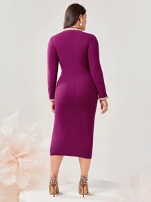 Modelyn Hơn Viền tương phản Nút phía trước Đầm Áo len - Màu tím  Violet - Xem 2