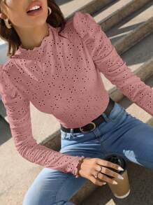 SHEIN Frenchy 孔眼刺繡生菜裝飾T恤 - 藕粉色 - 查看 4