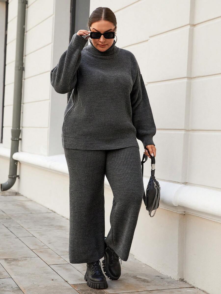 RueChic Plus Turtleneck Drop Shoulder Sweater & Knit Pants, For Winter - Dark Grey - View 1