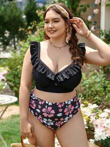 SHEIN Swim Curve Plus Floral Print Ruffle Trim Bikini Set, For Summer Beach Vacation - Multicolor - View 3