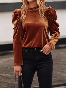 SHEIN Clasi Cổ diềm Tay áo Lá sen tỉa Nhung Áo sơ mi - màu nâu - Xem 5