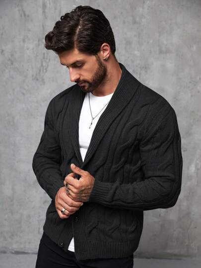 Manfinity Mode Men Shawl Collar Cable Knit Cardigan , Fall Winter, Long Sleeve Top