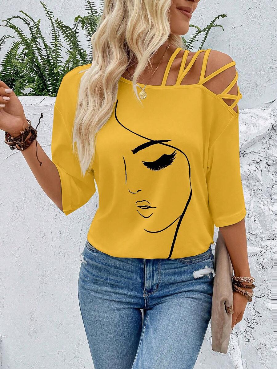 EMERY ROSE Figure Graphic Asymmetrical Neck Tee Graphic Tees Women Tops - Yellow - View 1