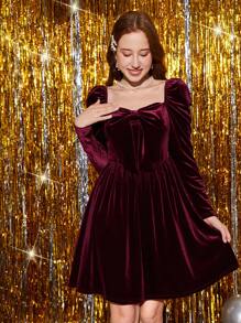 Rotes Samtkleid mit Schmetterlingskragen und Gigotärmeln für Teenager-Mädchen, vielseitig einsetzbar für Valentinstag, Neujahr, Partys, Feiertagsoutfits - Bordeaux - Übersicht 5