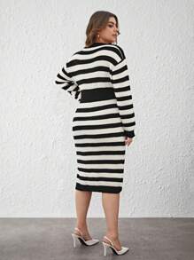 SHEIN Essnce Plus Striped Pattern Drop Shoulder Sweater Dress - Black and White - View 2