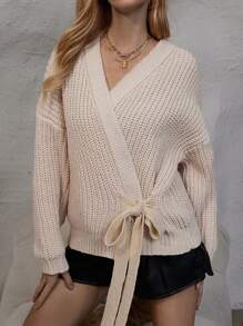 SHEIN LUNE Drop Shoulder Knot Side Wrap Cardigan - Apricot - View 6