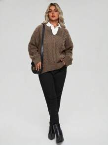 Celure Plus Cable Knit Drop Shoulder Sweater Without Blouse Knit Pullover Fall Winter Outfit