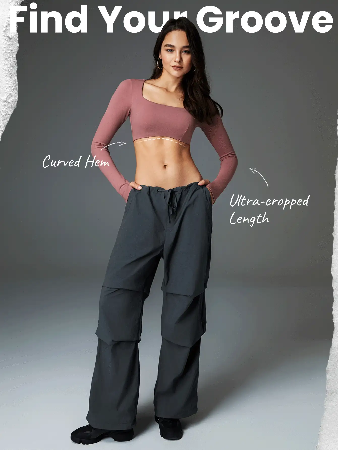 GLOWMODE 掐緊彈性純淨素面方領長袖極短時尚上衣,帶拇指孔 - 藕粉色 - 查看 3