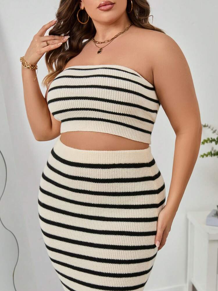 Plus Striped Pattern Tube Knit Top & Knit Skirt