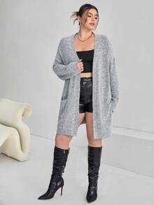 SHEIN Essnce Áo khoác cardigan thả vai cỡ lớn - Xám - Xem 4