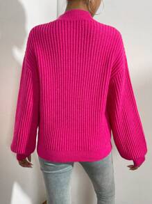 SHEIN Essnce 小高領燈籠袖落肩袖套頭毛衣 - 玫紅色 - 查看 3