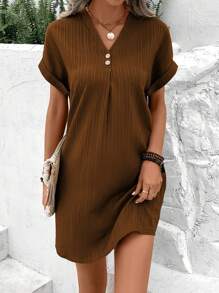 EMERY ROSE 素色紐扣細節蝙蝠袖洋裝 - 棕色 - 查看 1