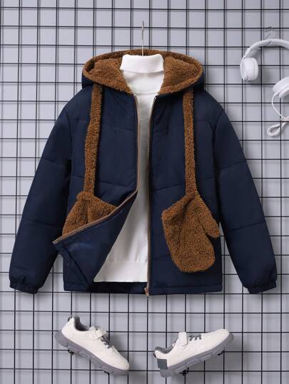 SHEIN Áo khoác trùm đầu lót lông Teddy cho bé trai 1 tuổi kèm khăn quàng cổ