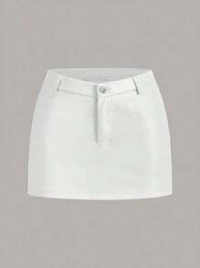 SHEIN ICON 素色拉鏈門襟迷你半身裙 - 白色 - 查看 1