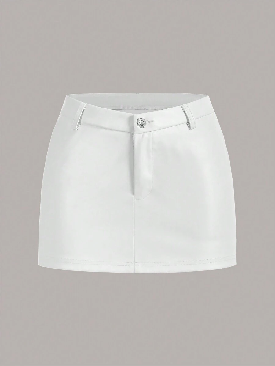 SHEIN ICON 素色拉鏈門襟迷你半身裙 - 白色 - 查看 1