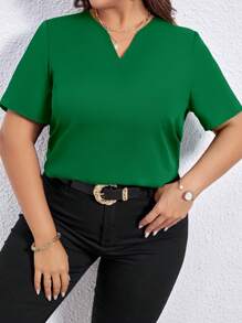 SHEIN LUNE Áo sơ mi tay ngắn cổ khoét màu trơn cỡ lớn thường ngày - Màu xanh lá cây đậm - Xem 4