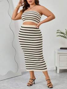 SHEIN Privé Plus Striped Pattern Tube Knit Top & Knit Skirt