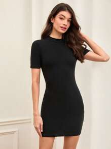 SHEIN BASICS Đầm bodycon dệt kim gân đơn giản thời trang thường ngày giản dị - màu đen - Xem 2