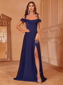 露肩開衩大腿正裝洋裝 - 藏蓝色 - 查看 7