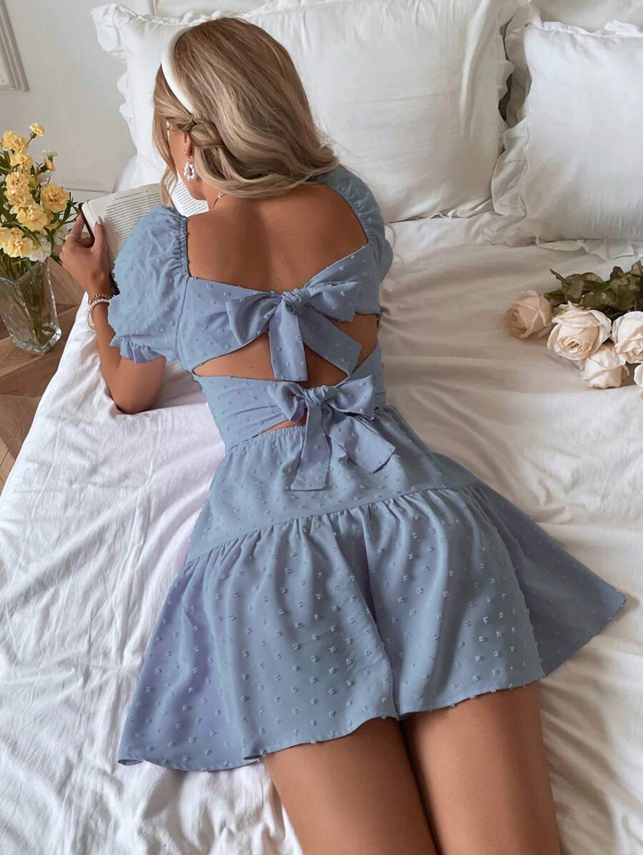 SHEIN Holidaya Swiss Dot Tie Backless Ruffle Hem Dress - Blue - View 1