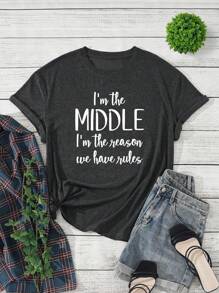 SHEIN EZwear 大碼標語圖案T恤 - 深灰色 - 查看 1