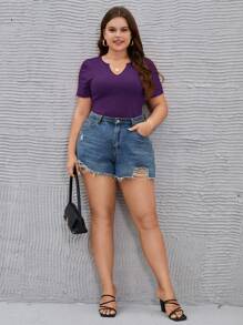 SHEIN LUNE 大碼缺口領T恤 - 紫色 - 查看 6