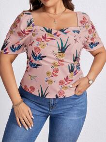 SHEIN Clasi Plus Floral Print Sweetheart Neck Tee - Dusty Pink - View 4