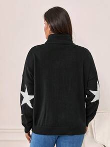 SHEIN Frenchy 大碼星星圖案高領落肩袖套頭毛衣 - 黑與白 - 查看 2