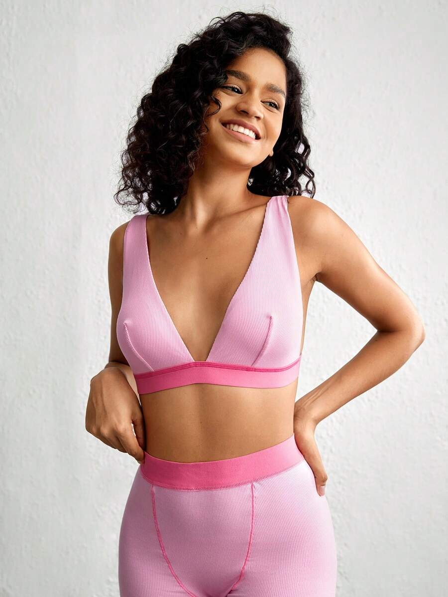 Ocili Leisure Lightweight & Comfy Rib Long Triangle Cup Bralette - Pink - Baby Pink - View 1