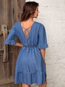 SHEIN Frenchy Surplice Neck Flounce Sleeve Ruffle Hem Denim Dress - Blue - View 2