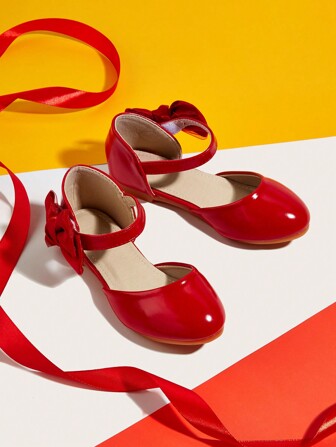 Girls' Formal Pu Leather Flat Sandals With Soft Sole, Bow Knot Design, Princess Style, Summer New Arrival